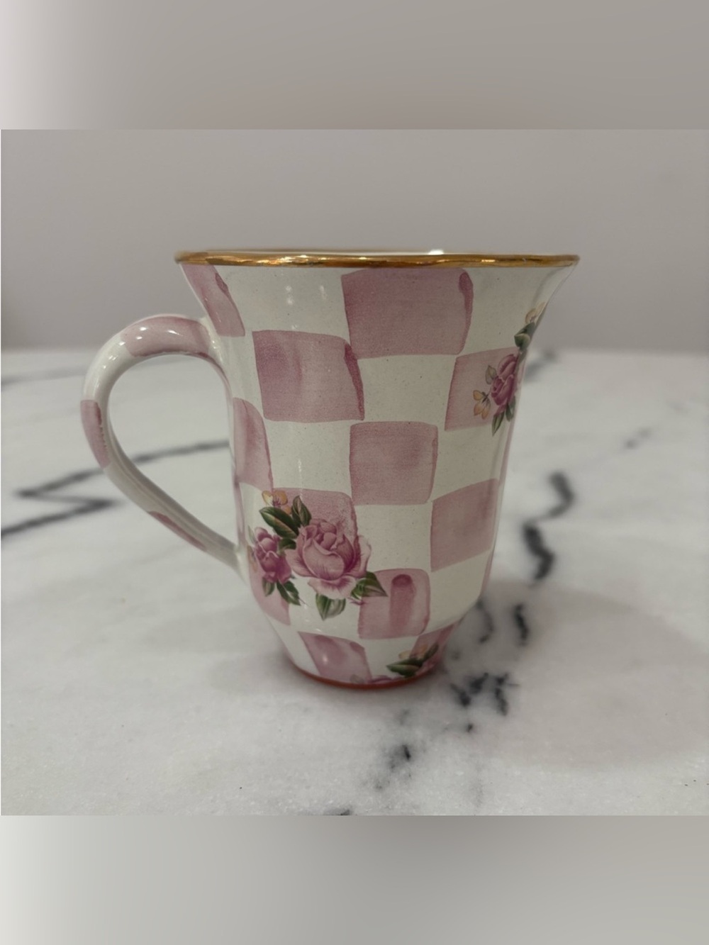 MacKenzie-Childs Honeymoon Checkered Mug Rose Petal